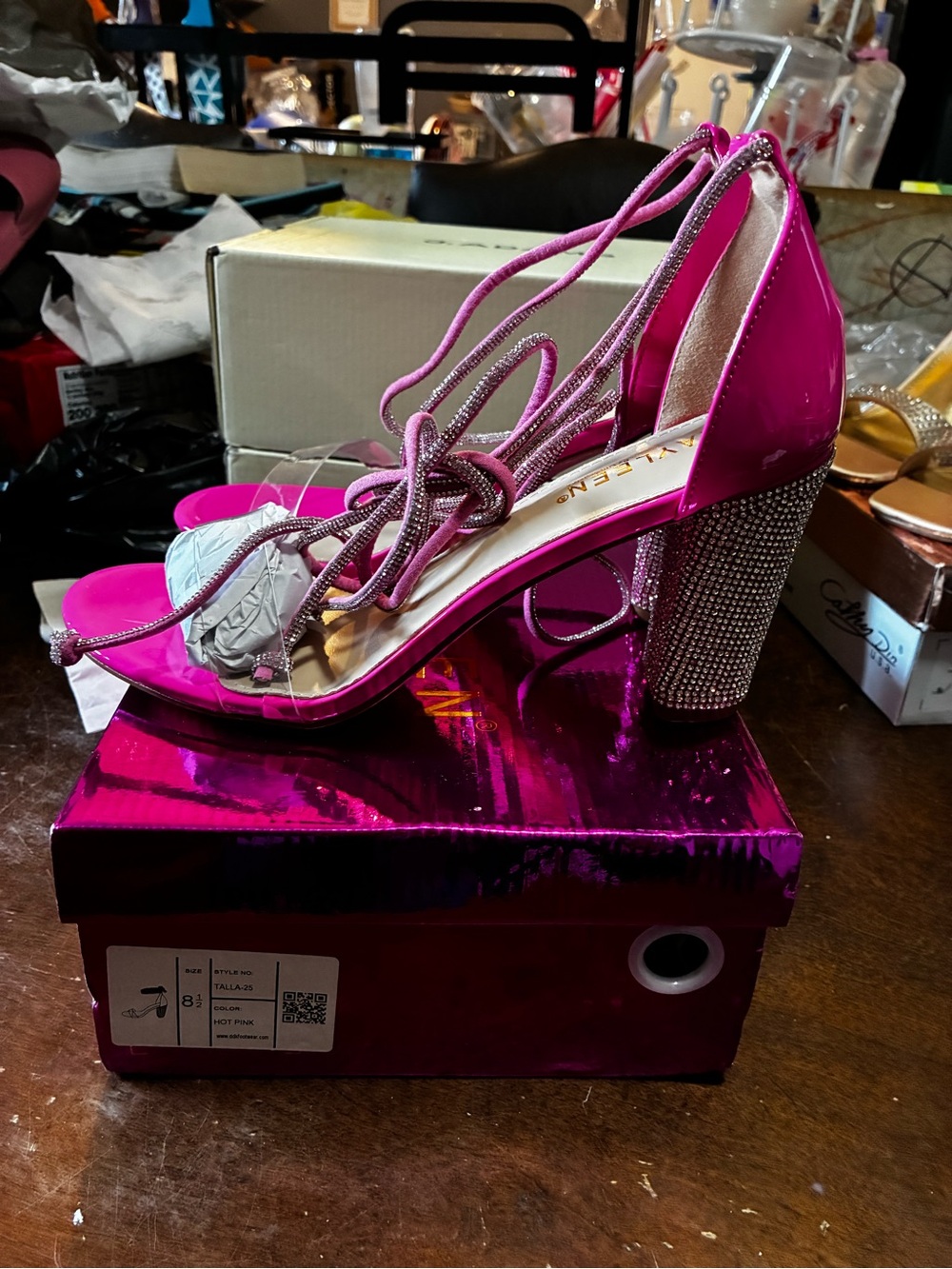 KAYLEEN By Los Angeles Hot Pink Rhinestone Block Heel Lace-Up Sandals
